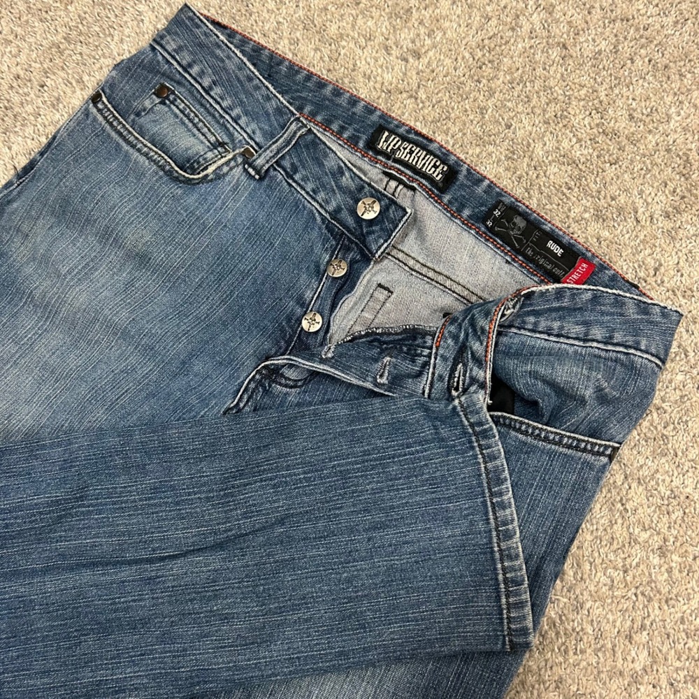 Lip Service Rude Jeans 32X32 Blue Stretch Button Fly Skull Hardware Y2K Denim